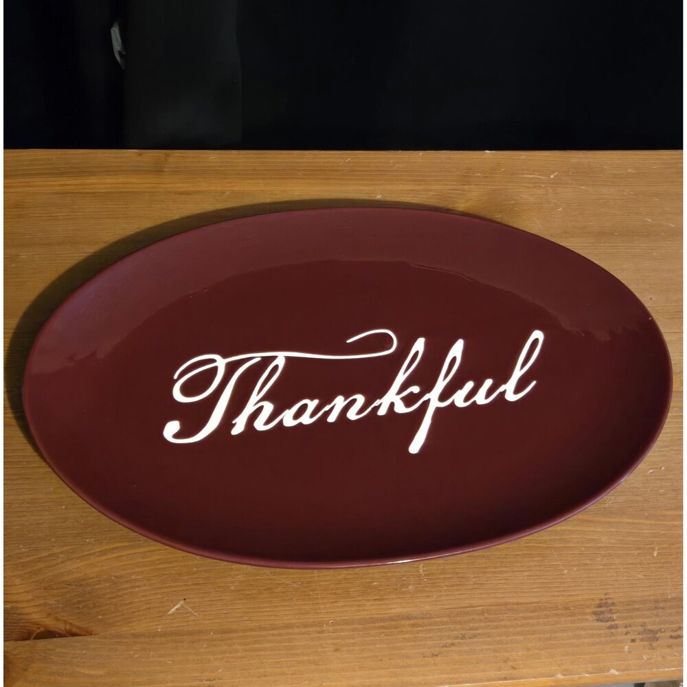 Crofton Lg Stoneware Burgundy Red Thanksgiving Thankful Serving Platter, 16 X 10